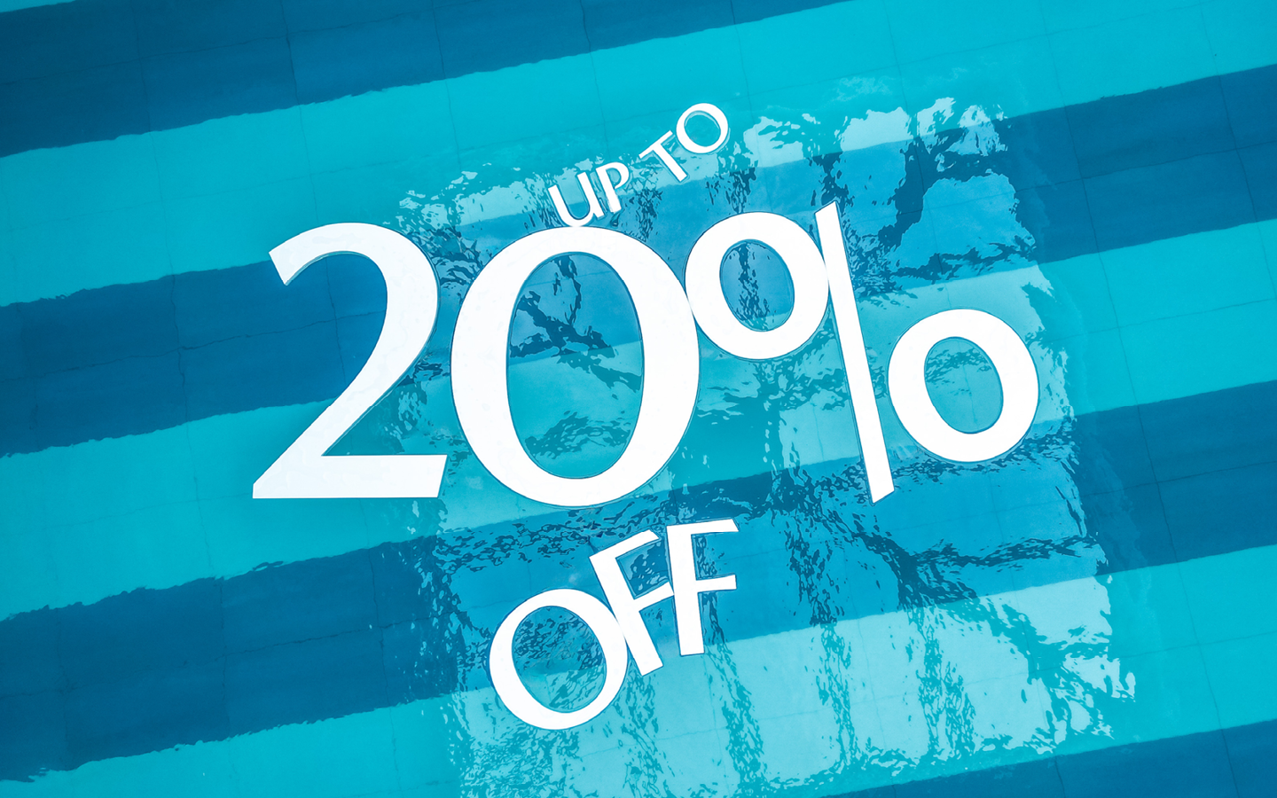 Pool with floats that read "Up to 20% off"